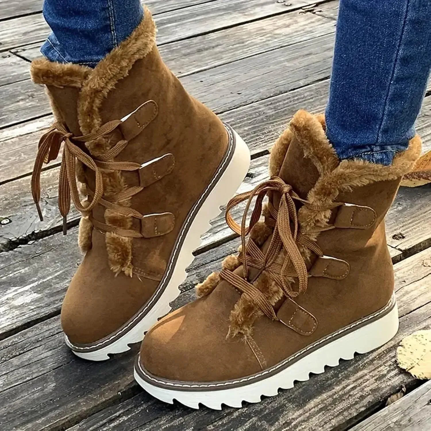 Women's Furry Boots Plus Velvet Warm Snow Boots Lace Up Mid Calf Boots Water Proof Insulated Womens Snow Boots Leather