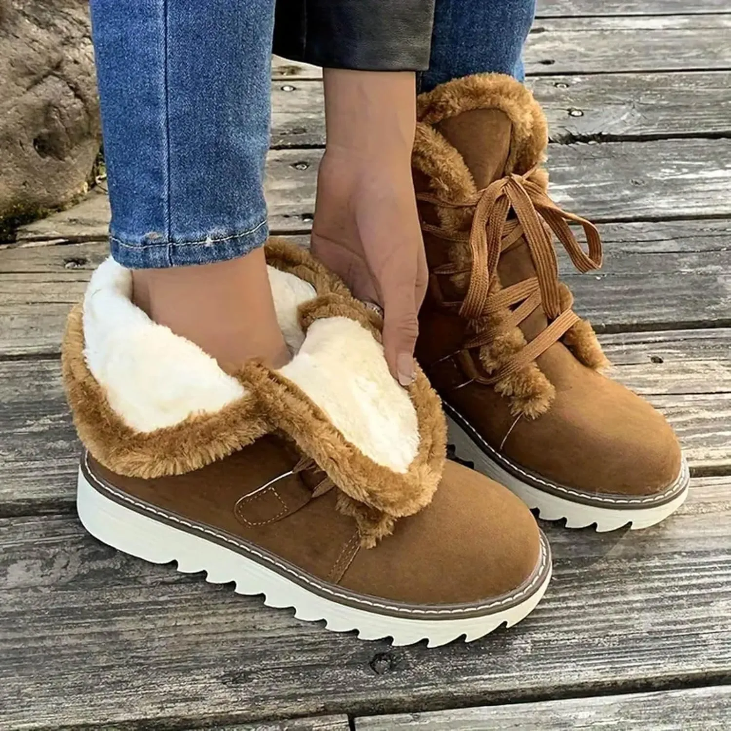 Women's Furry Boots Plus Velvet Warm Snow Boots Lace Up Mid Calf Boots Water Proof Insulated Womens Snow Boots Leather