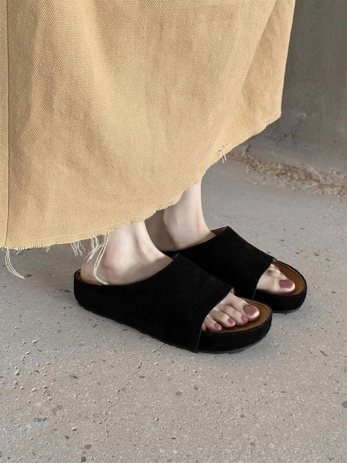 Women's Genuine Leather Classic Slides - Peep Toe Med Heels Summer Luxury Slippers