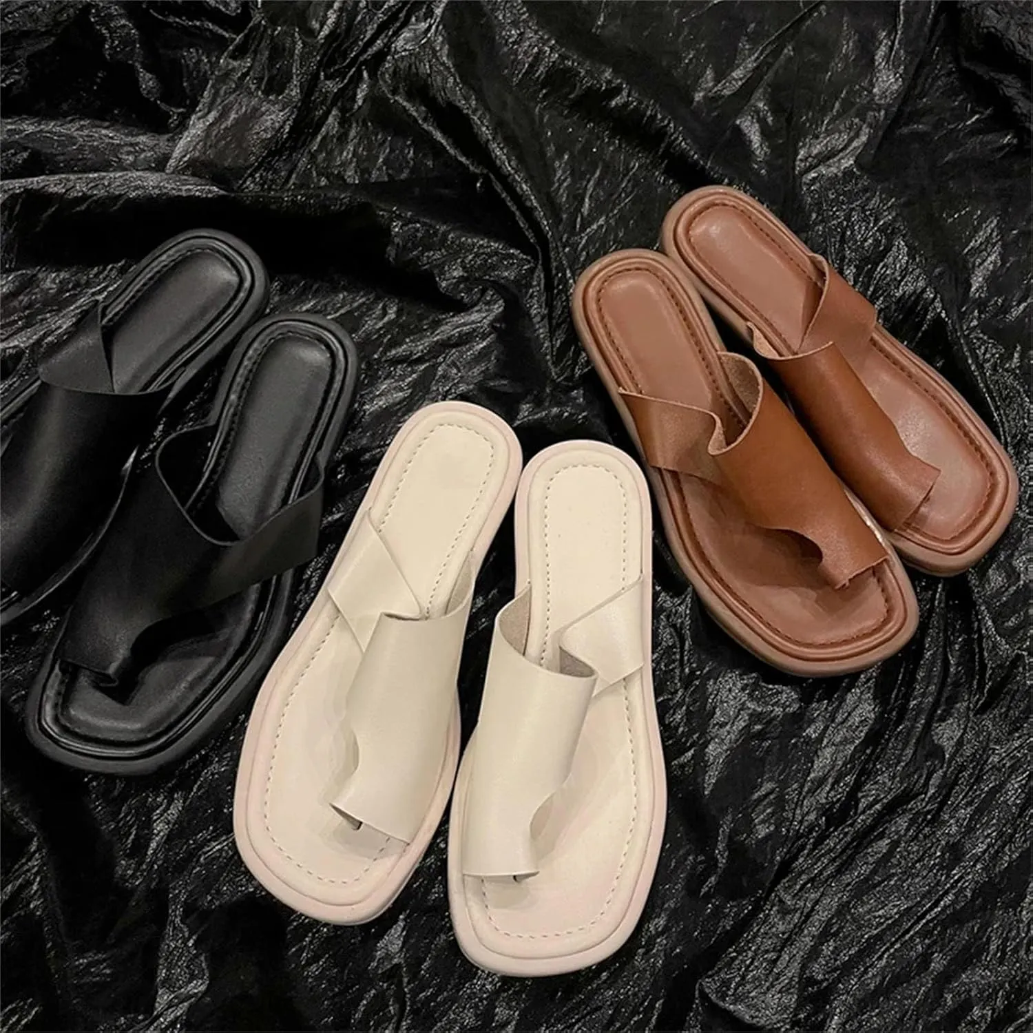 Women's Genuine Leather Low Heels Slippers - Peep Toe, Summer Casual, Office Working Shoes