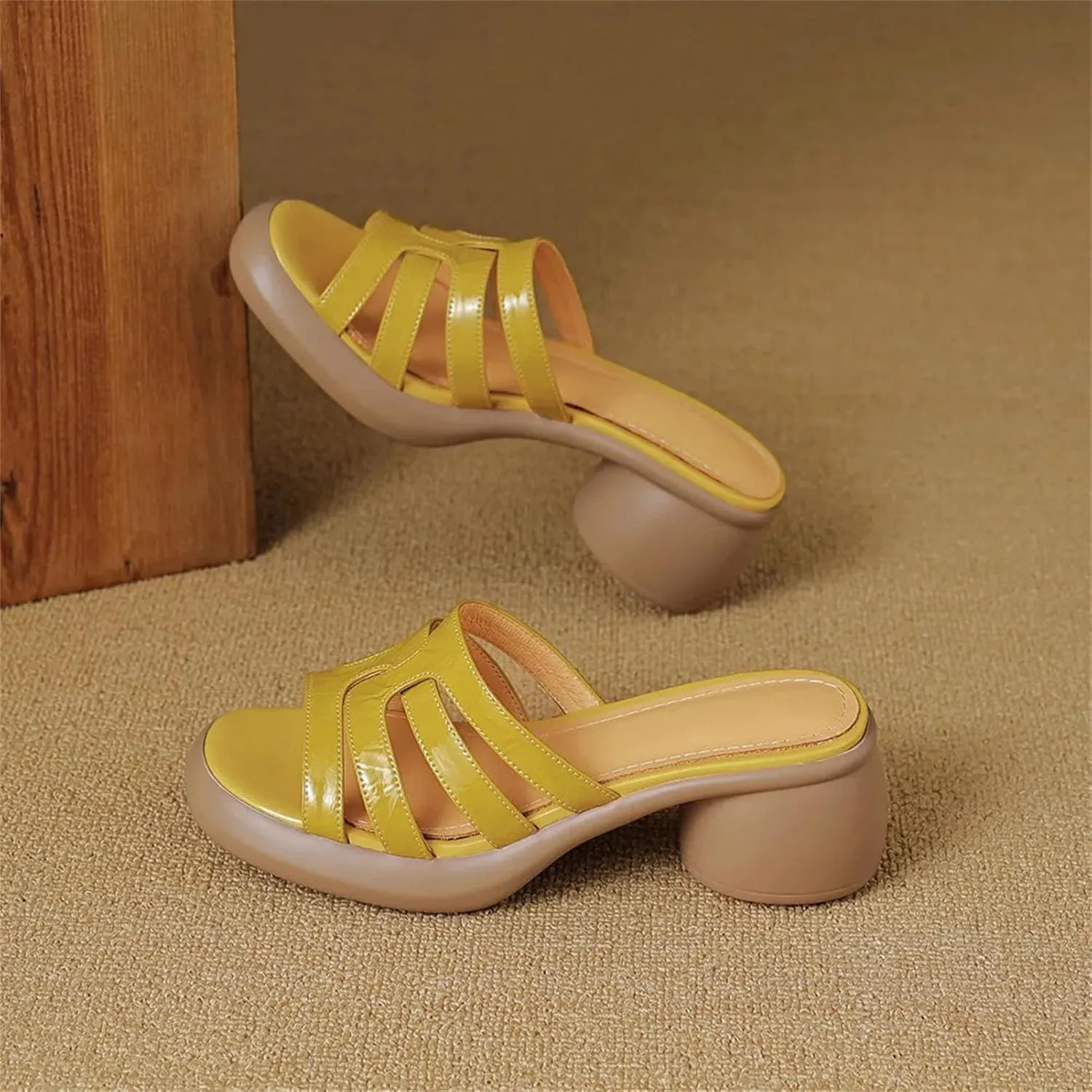 Women's Genuine Leather Peep Toe Sandals - Throwback-Inspired Thick Heels, Summer Casual Slippers