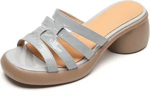 Women's Genuine Leather Peep Toe Sandals - Throwback-Inspired Thick Heels, Summer Casual Slippers