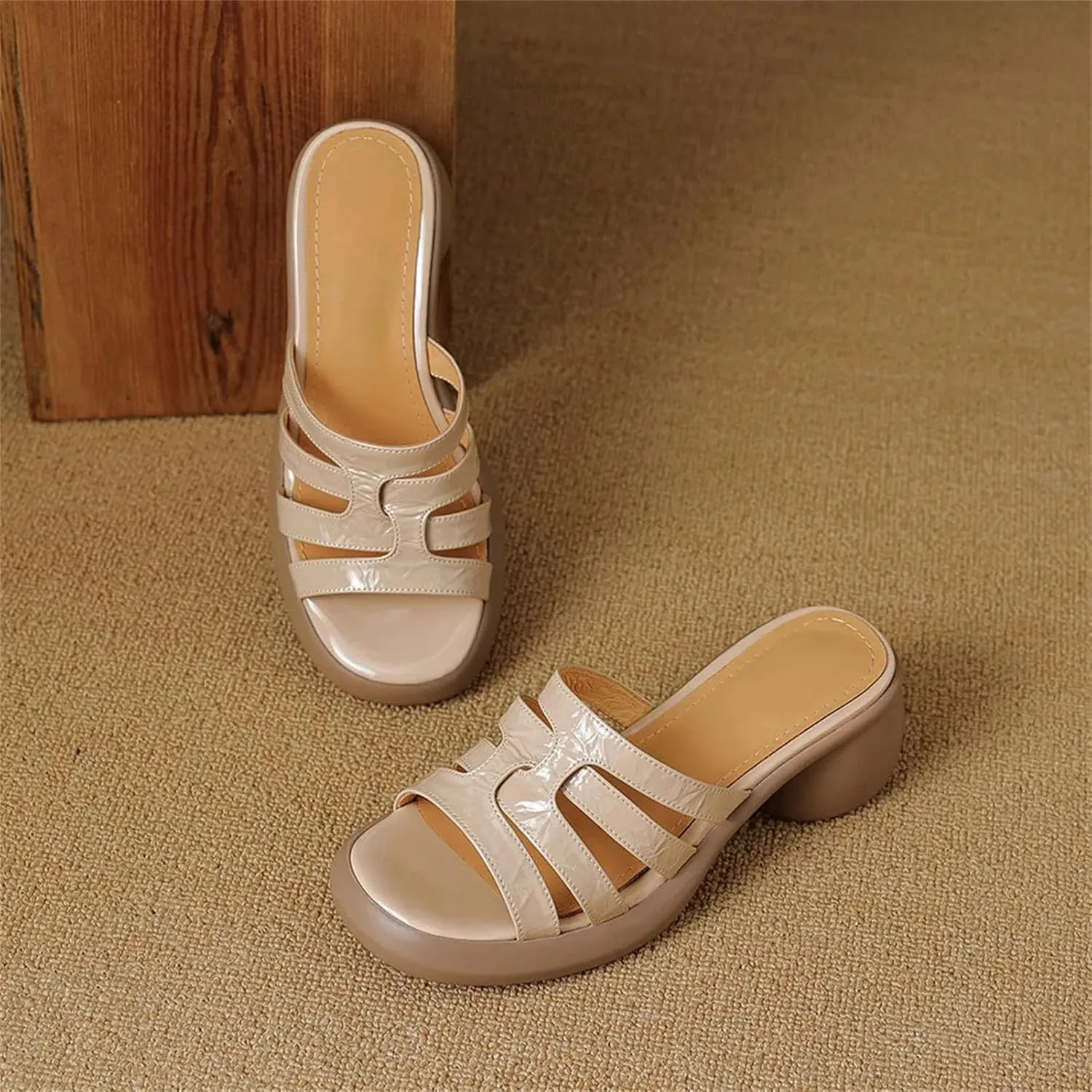 Women's Genuine Leather Peep Toe Sandals - Throwback-Inspired Thick Heels, Summer Casual Slippers