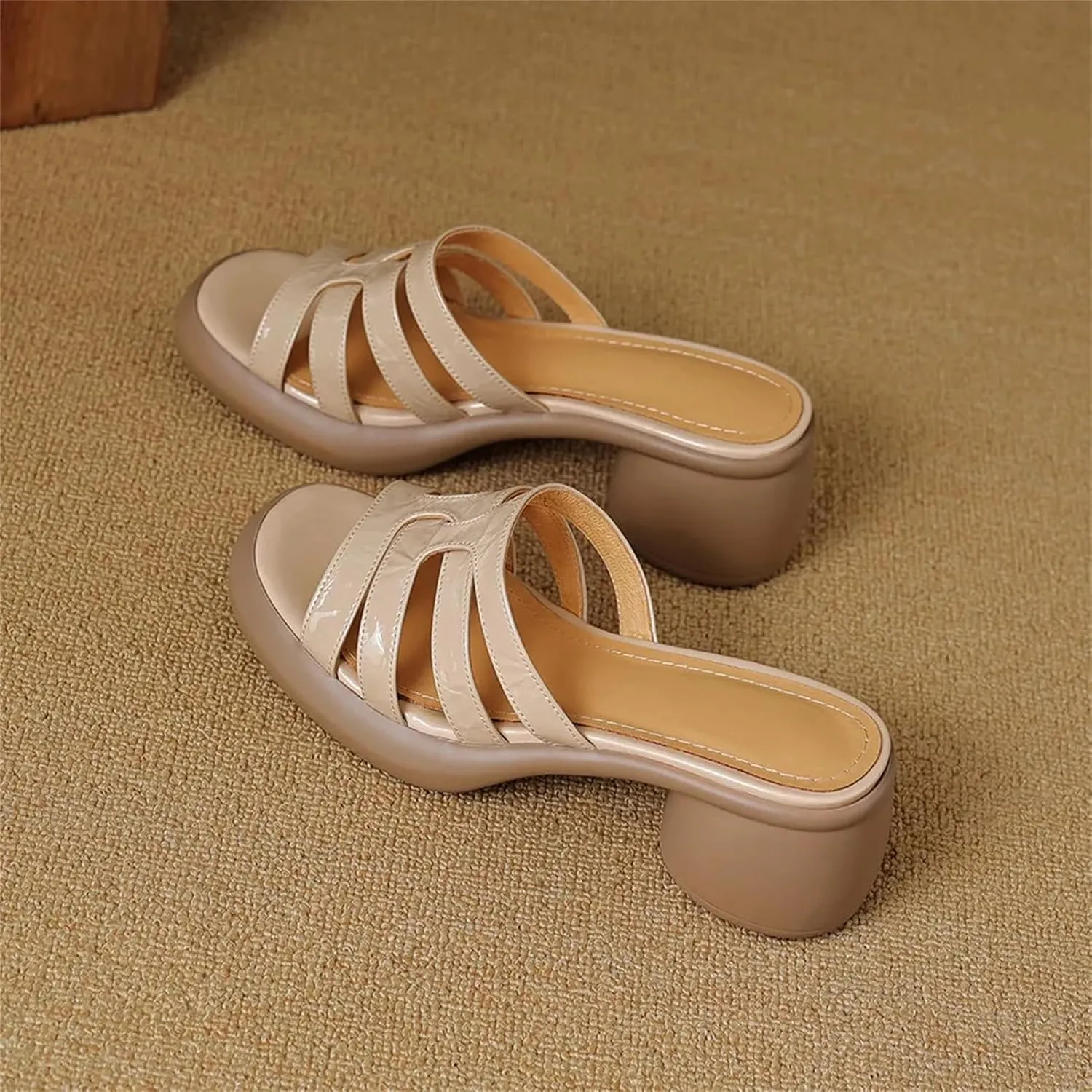 Women's Genuine Leather Peep Toe Sandals - Throwback-Inspired Thick Heels, Summer Casual Slippers
