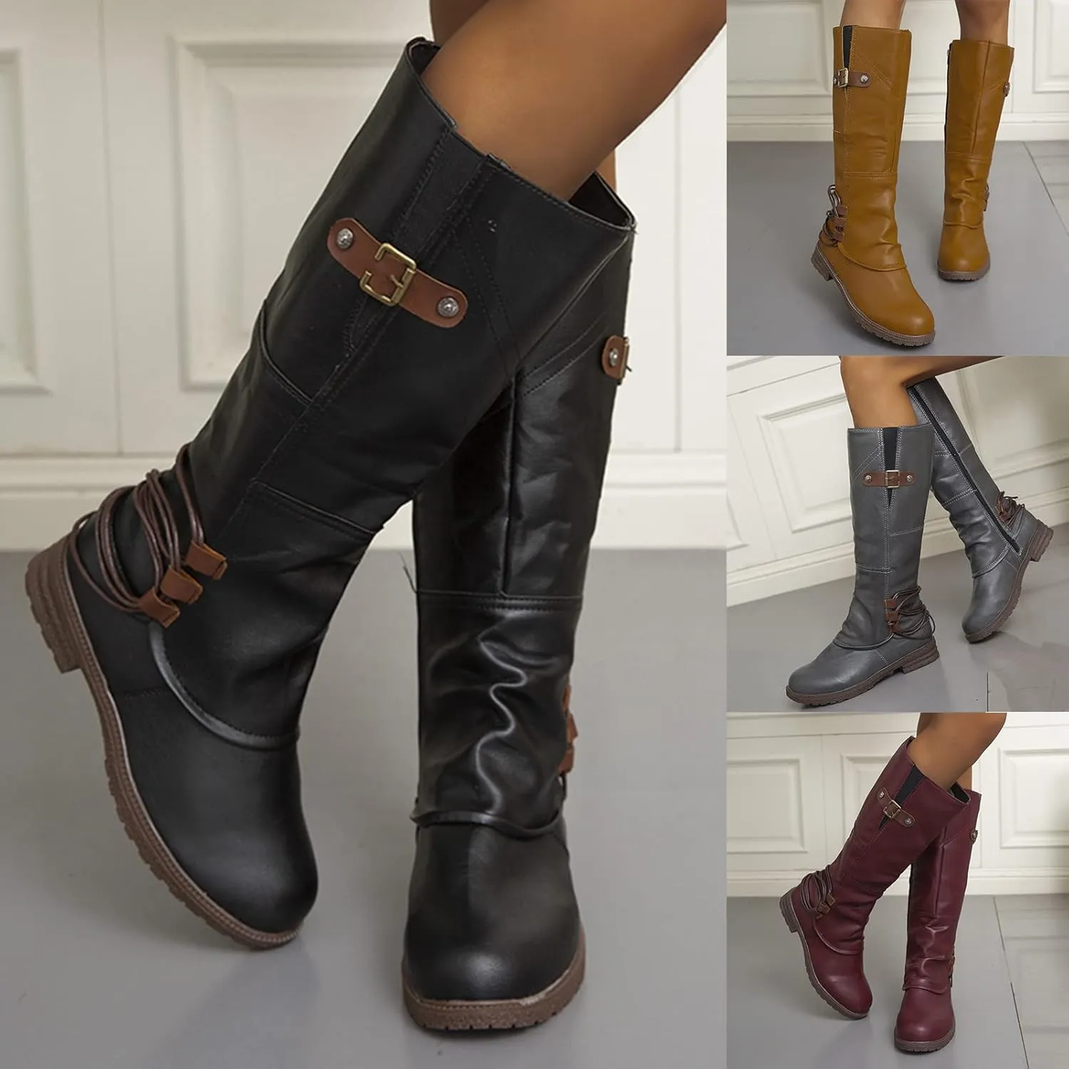 Womens Knee High Boots Low Heel Motorcycle Boots Women Chunky Heel Buckle Side Zipper Fashion Casual Winter Shoes