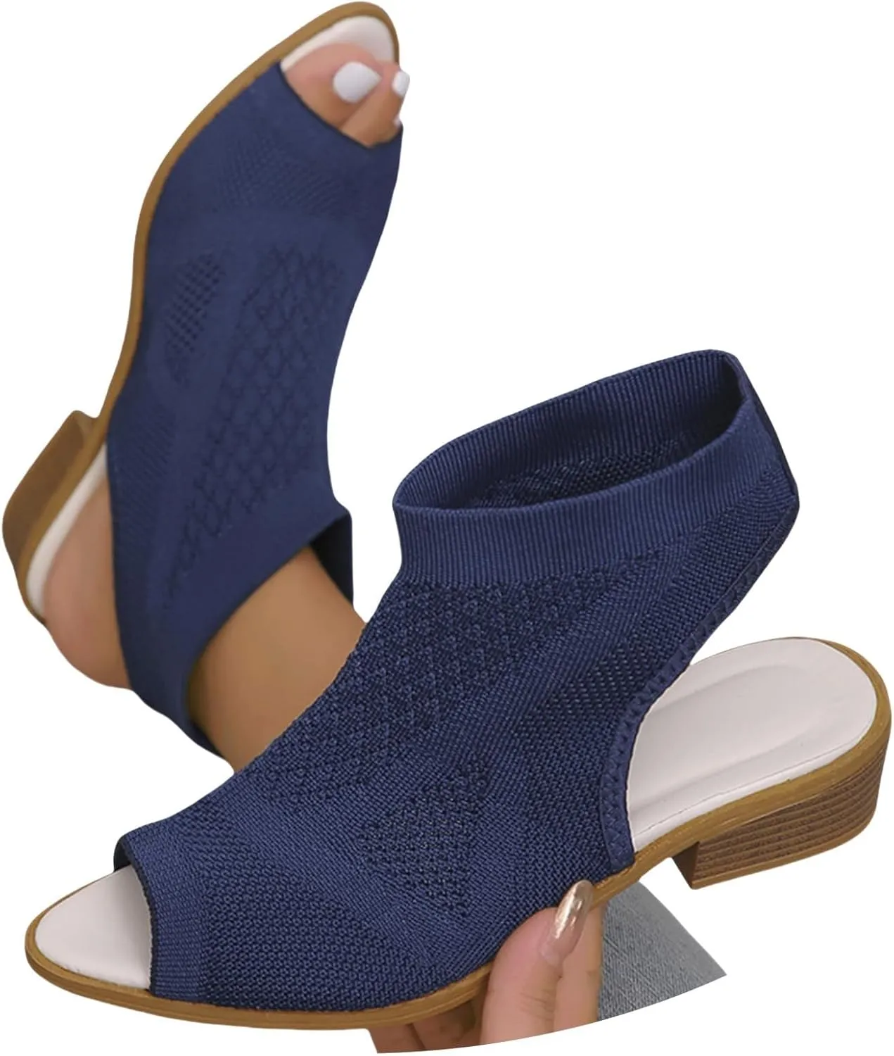 Women's Knit Open Toe Chunky Block Heeled Sandals Ankle Strap Slingback Slip On Dress Shoes Mesh Breathable Casual Work Office Wedding Dressy Pumps