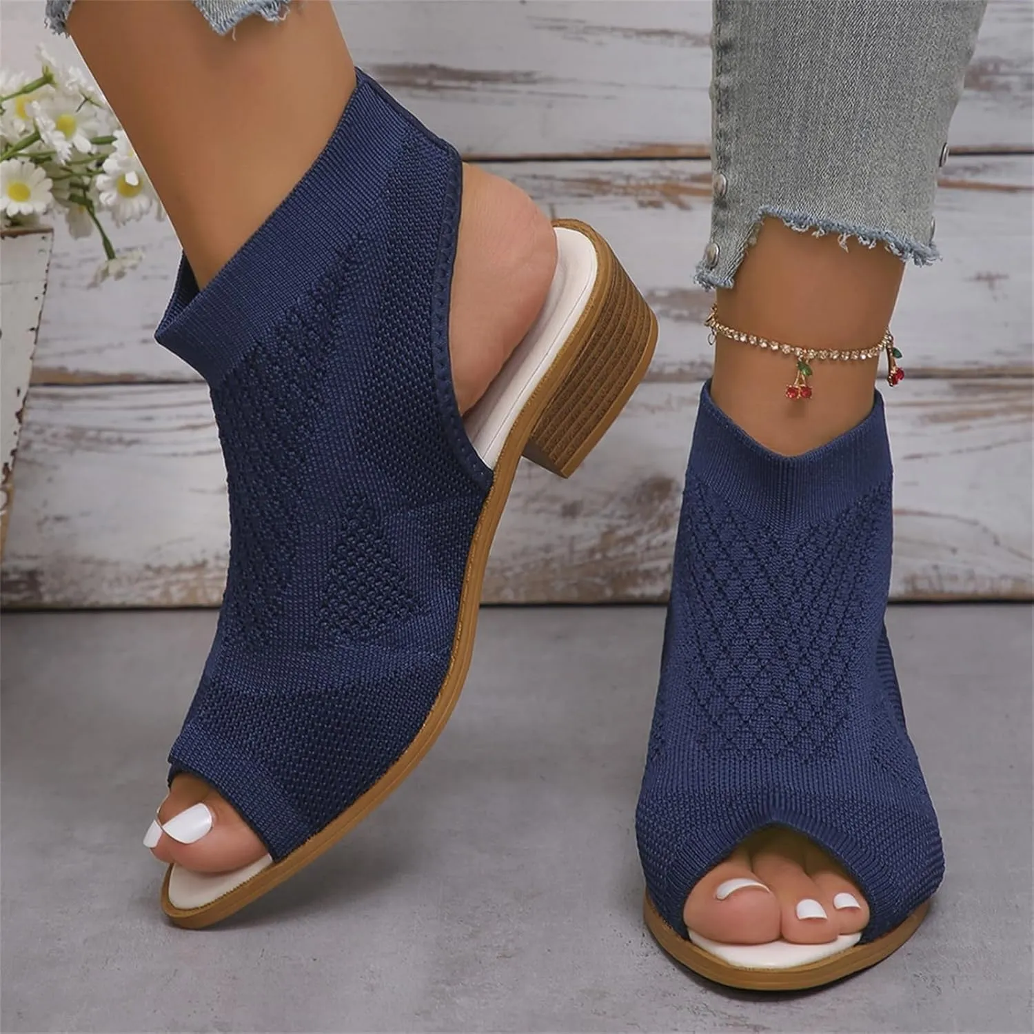 Women's Knit Open Toe Chunky Block Heeled Sandals Ankle Strap Slingback Slip On Dress Shoes Mesh Breathable Casual Work Office Wedding Dressy Pumps
