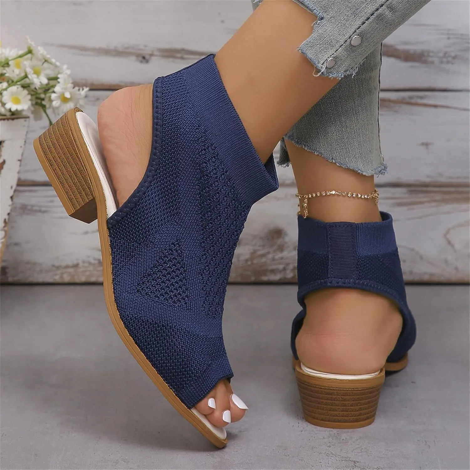 Women's Knit Open Toe Chunky Block Heeled Sandals Ankle Strap Slingback Slip On Dress Shoes Mesh Breathable Casual Work Office Wedding Dressy Pumps
