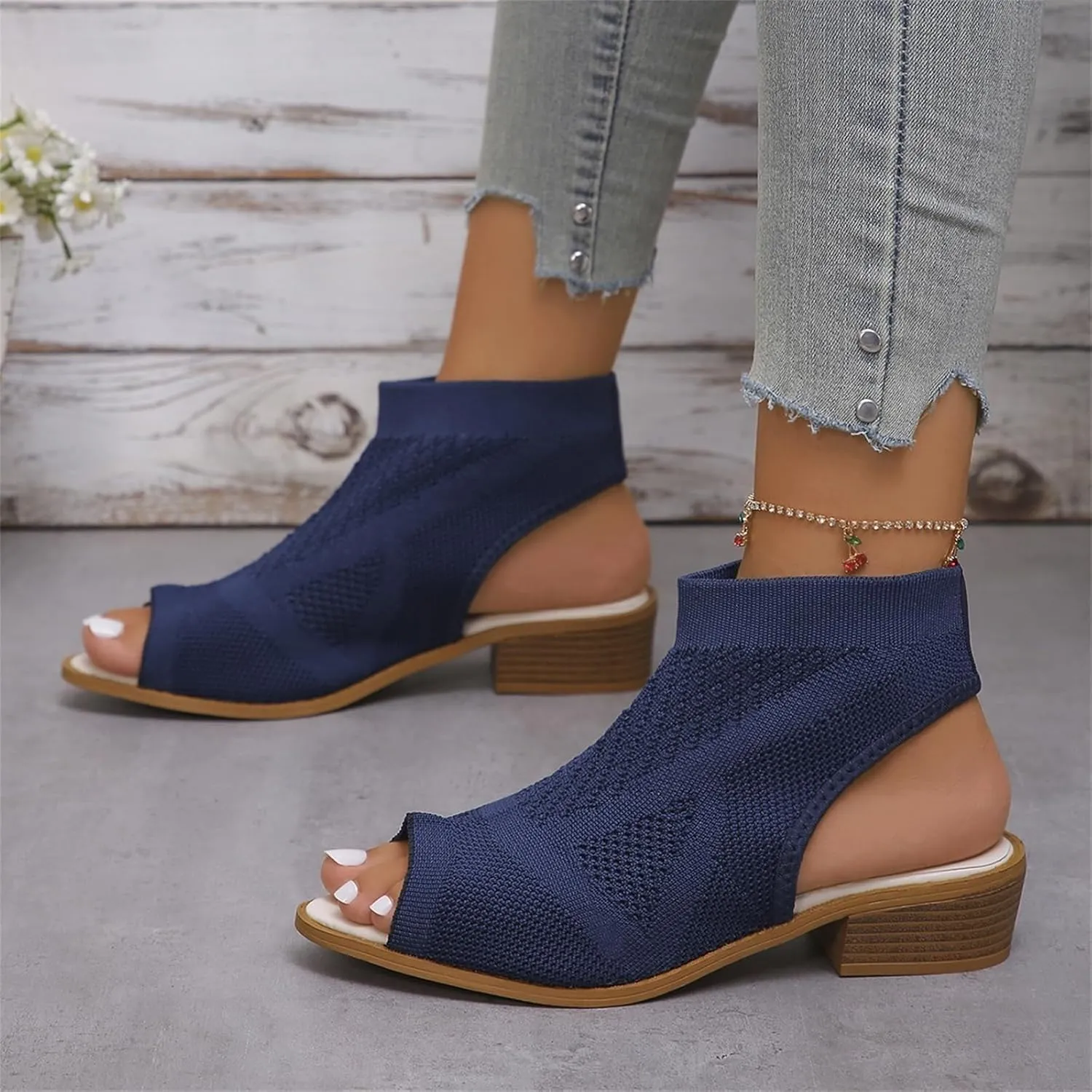 Women's Knit Open Toe Chunky Block Heeled Sandals Ankle Strap Slingback Slip On Dress Shoes Mesh Breathable Casual Work Office Wedding Dressy Pumps