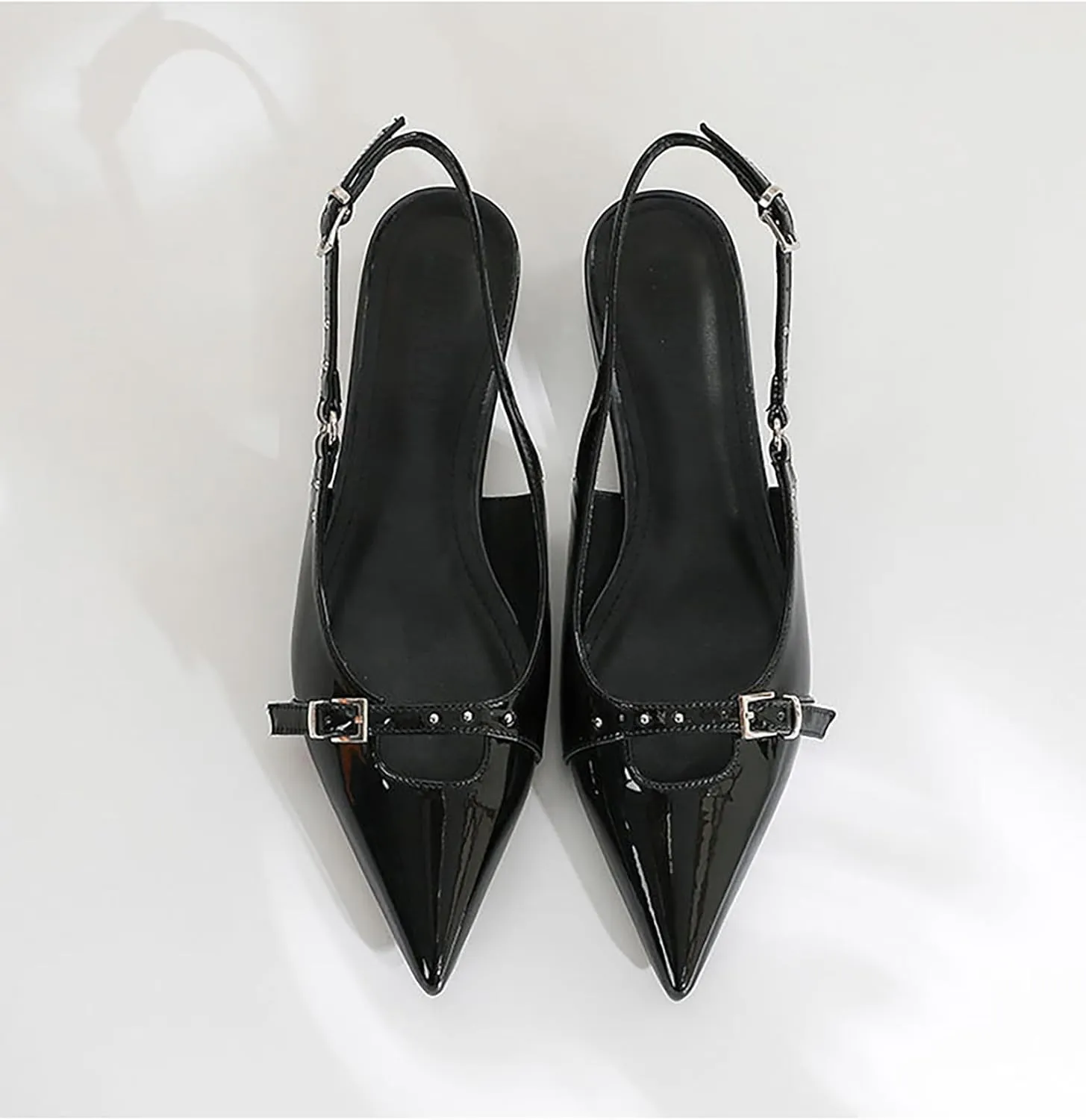 Women's Patent Leather Rhinestone Slingback Flat Pumps with Adjust Ankle Buckle Fashion Pointed Toe Low Chunky Heels Stiletto Closed Toe Sandals Sexy Wedding Party Dress Shoes