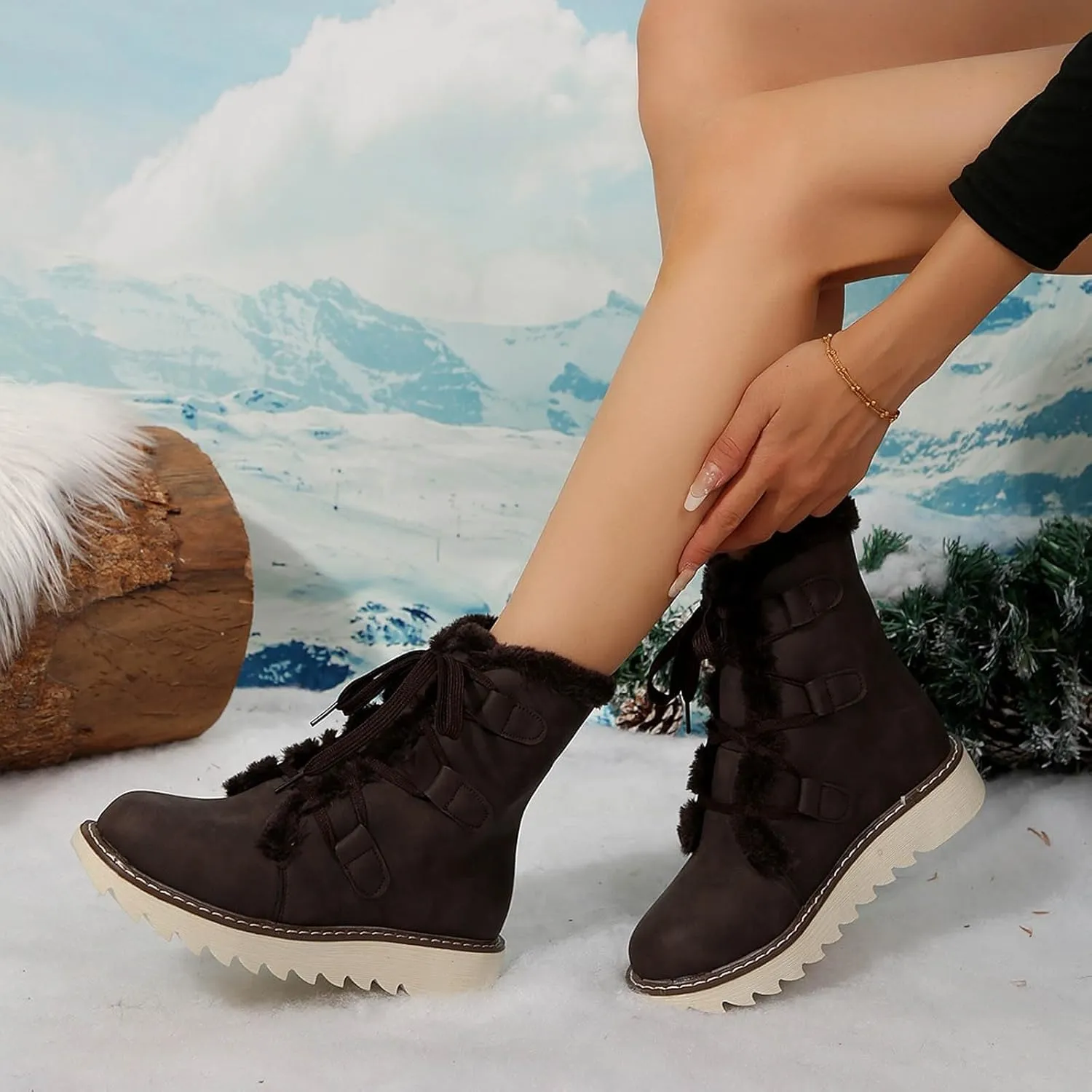 Women's Snow Boots Winter Suede High Snow Boots,Lightweight Cozy Thermal Fur Lining Non-slip Waterproof Ankle Booties