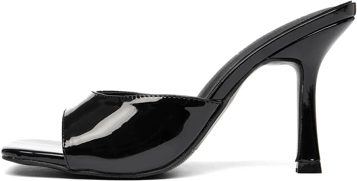 Women's Square Toe High Heeled Sandals,Kitten Heel Patent Leather Slippers,Easy To Wear Black Bento Shoes