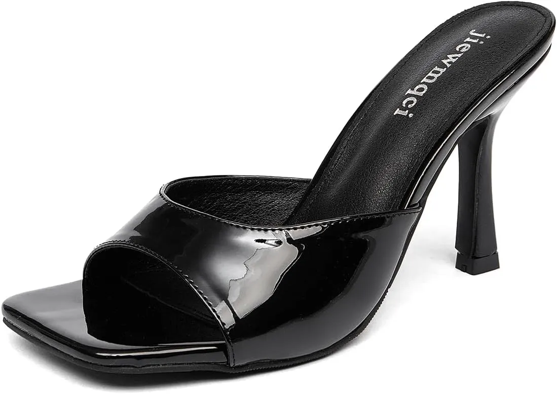 Women's Square Toe High Heeled Sandals,Kitten Heel Patent Leather Slippers,Easy To Wear Black Bento Shoes