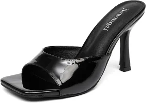 Women's Square Toe High Heeled Sandals,Kitten Heel Patent Leather Slippers,Easy To Wear Black Bento Shoes
