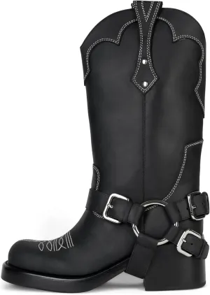Yishaweiqi Women's Studds Biker Boots Chunky Heel Square Toe Knee High Boots Side Zipper Western Boots Fall Dress Riding Boots Motorcycle Boots