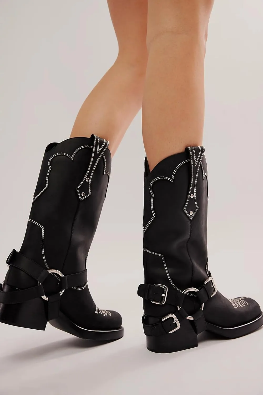 Yishaweiqi Women's Studds Biker Boots Chunky Heel Square Toe Knee High Boots Side Zipper Western Boots Fall Dress Riding Boots Motorcycle Boots