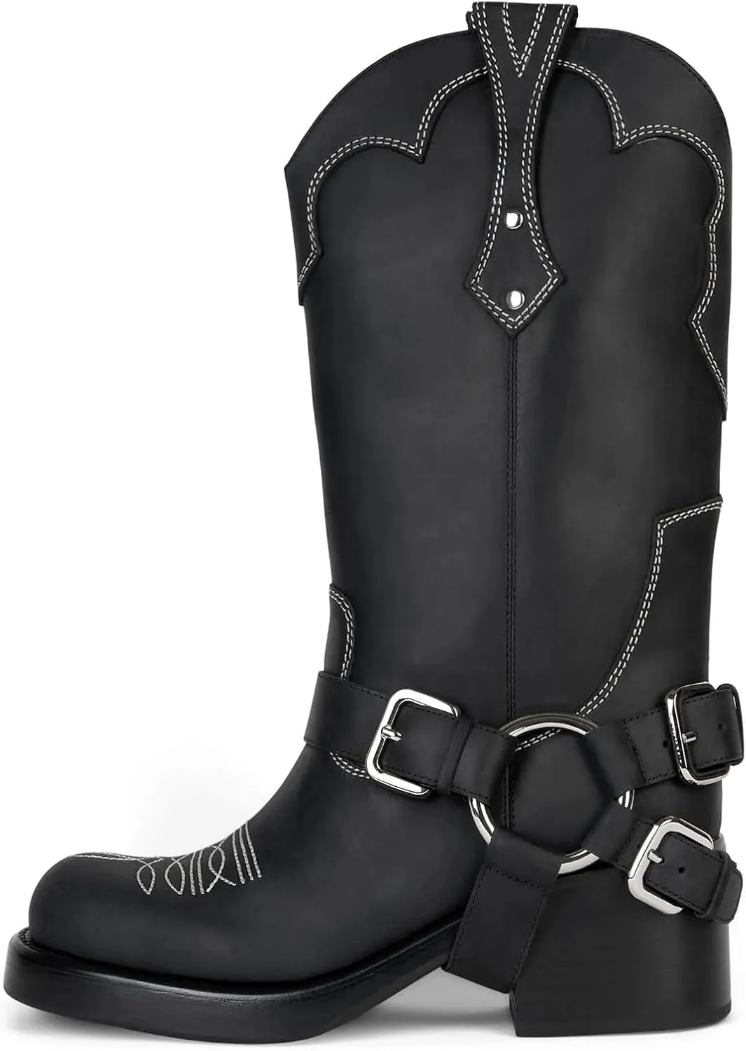 Yishaweiqi Women's Studds Biker Boots Chunky Heel Square Toe Knee High Boots Side Zipper Western Boots Fall Dress Riding Boots Motorcycle Boots