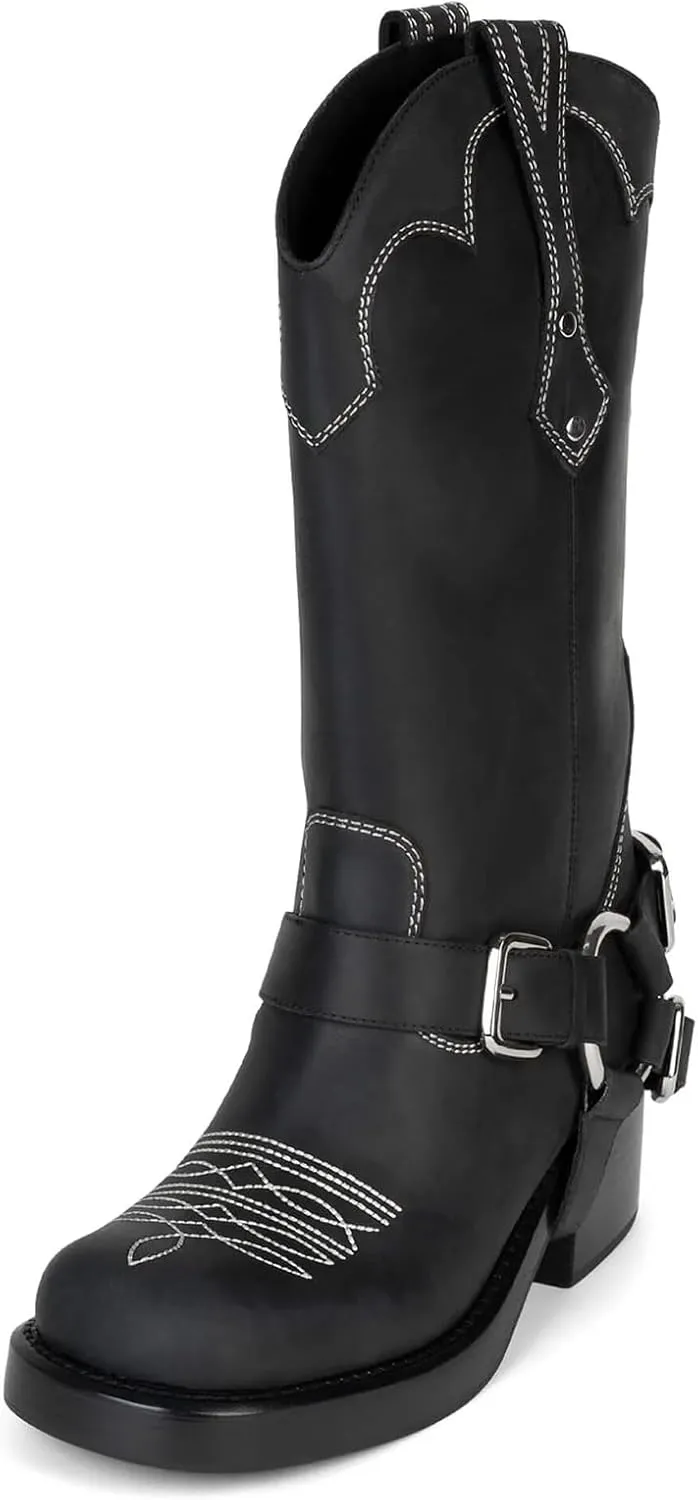 Yishaweiqi Women's Studds Biker Boots Chunky Heel Square Toe Knee High Boots Side Zipper Western Boots Fall Dress Riding Boots Motorcycle Boots